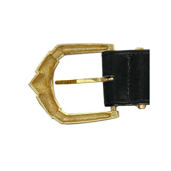 St. John Knits Classic Black Leather Statement Belt Gold & Black Buckle Size 8 main image 10